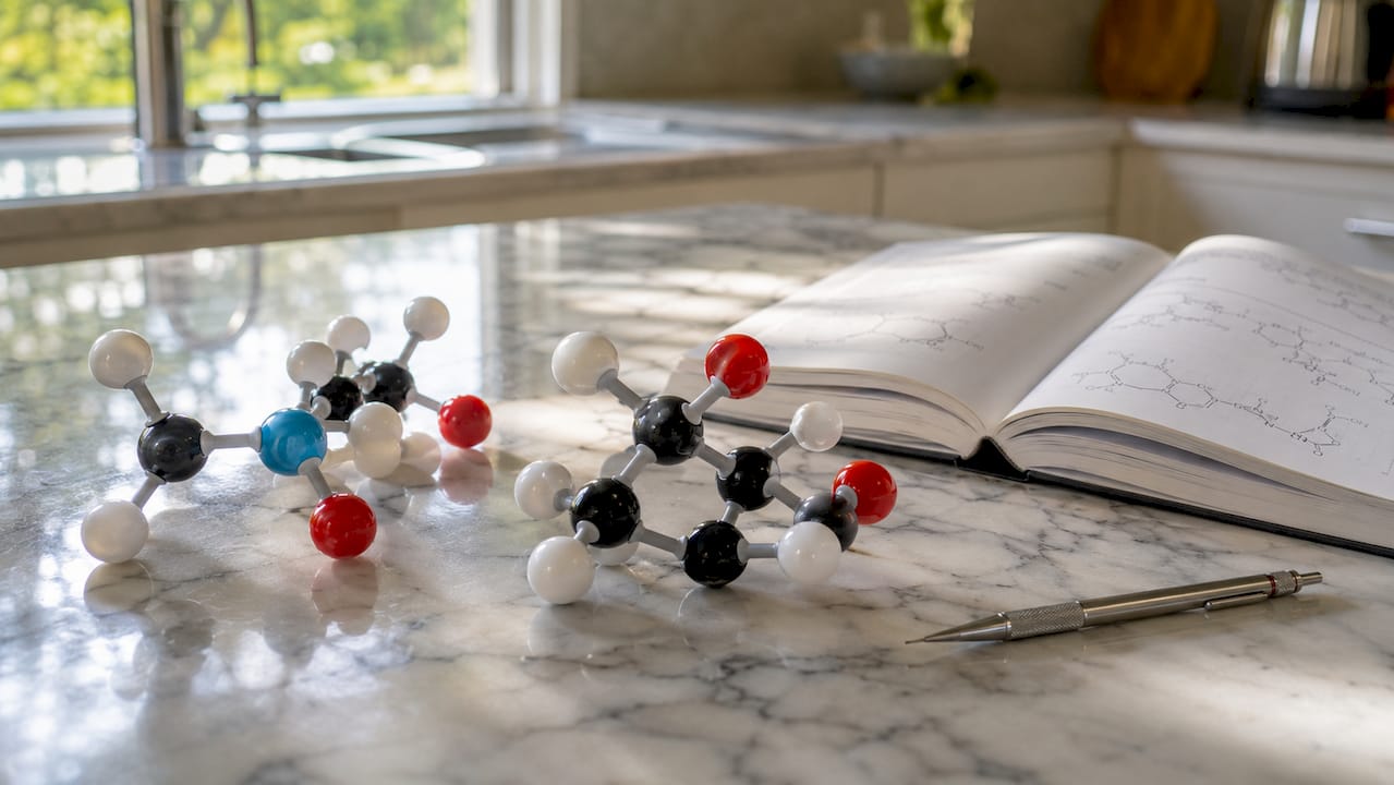 Molecular models of osmolytes on wooden table