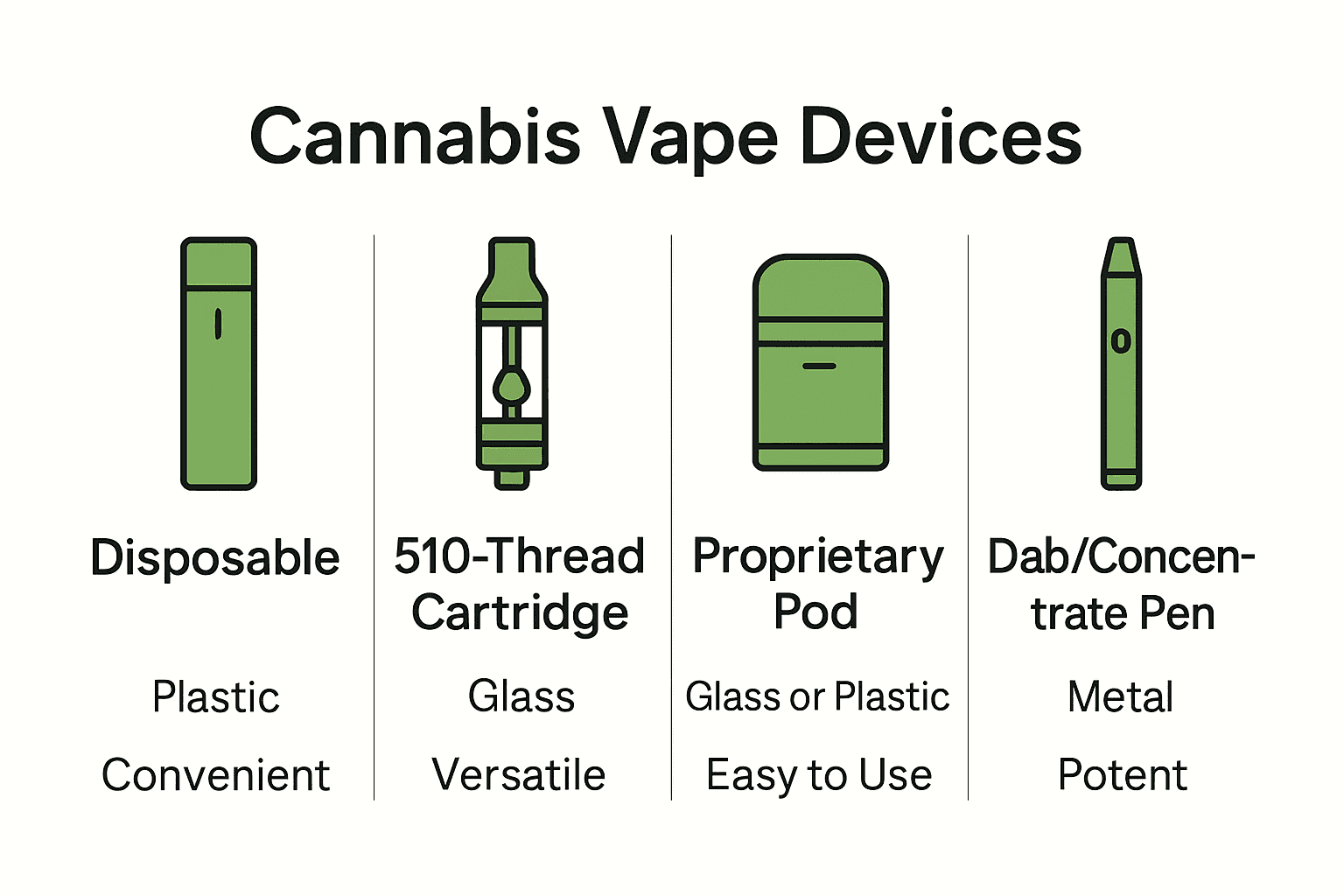 Infographic comparing four main cannabis vape device types with icons and features