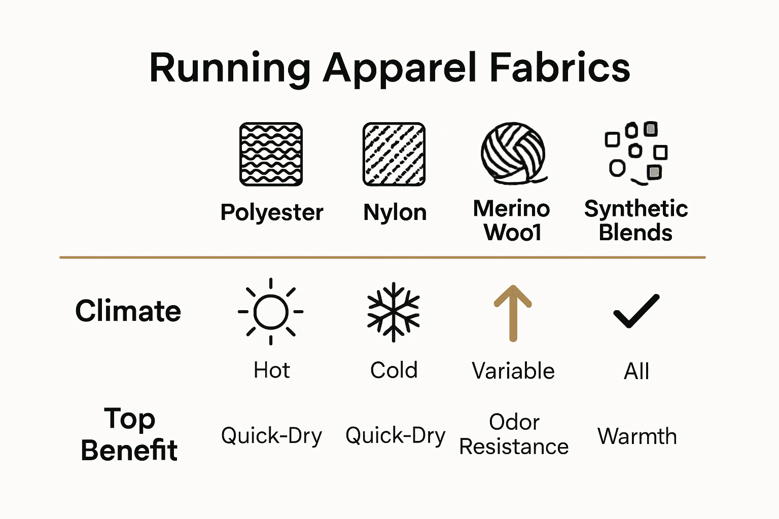 Infographic comparing running apparel fabrics and climate suitability