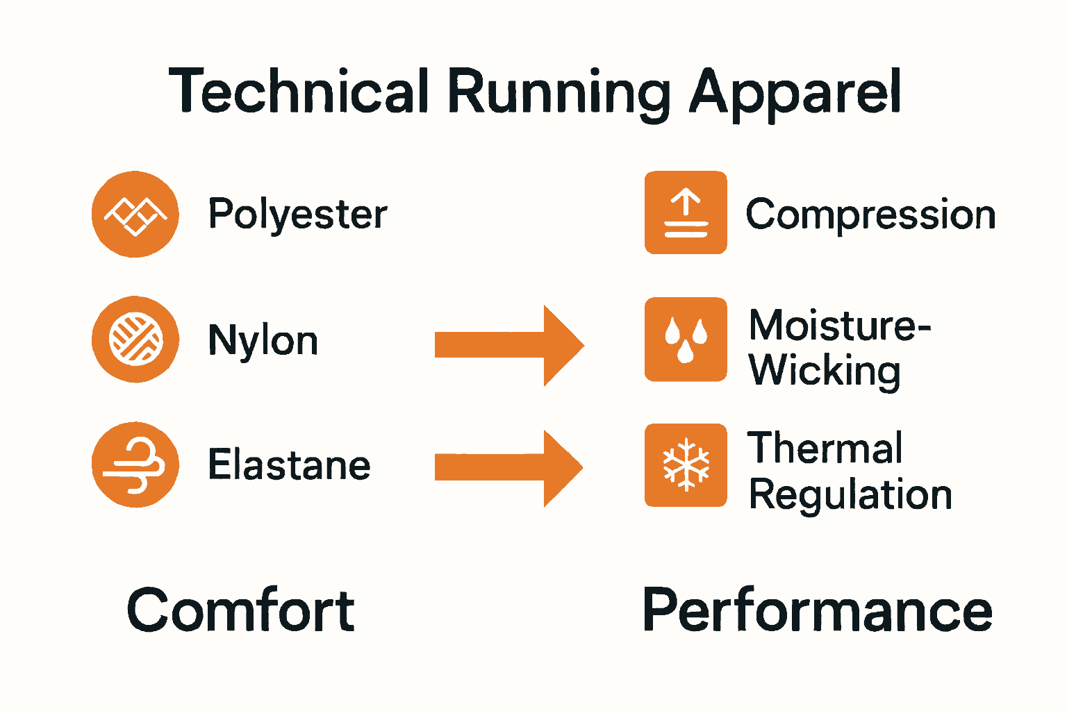 Comparison infographic showing core materials and technologies used in technical running apparel.