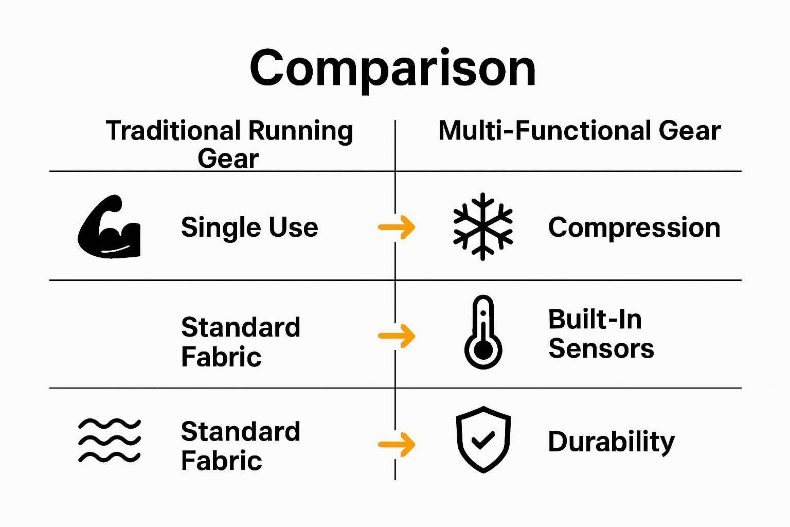 Infographic comparing traditional versus multi-functional running gear features.