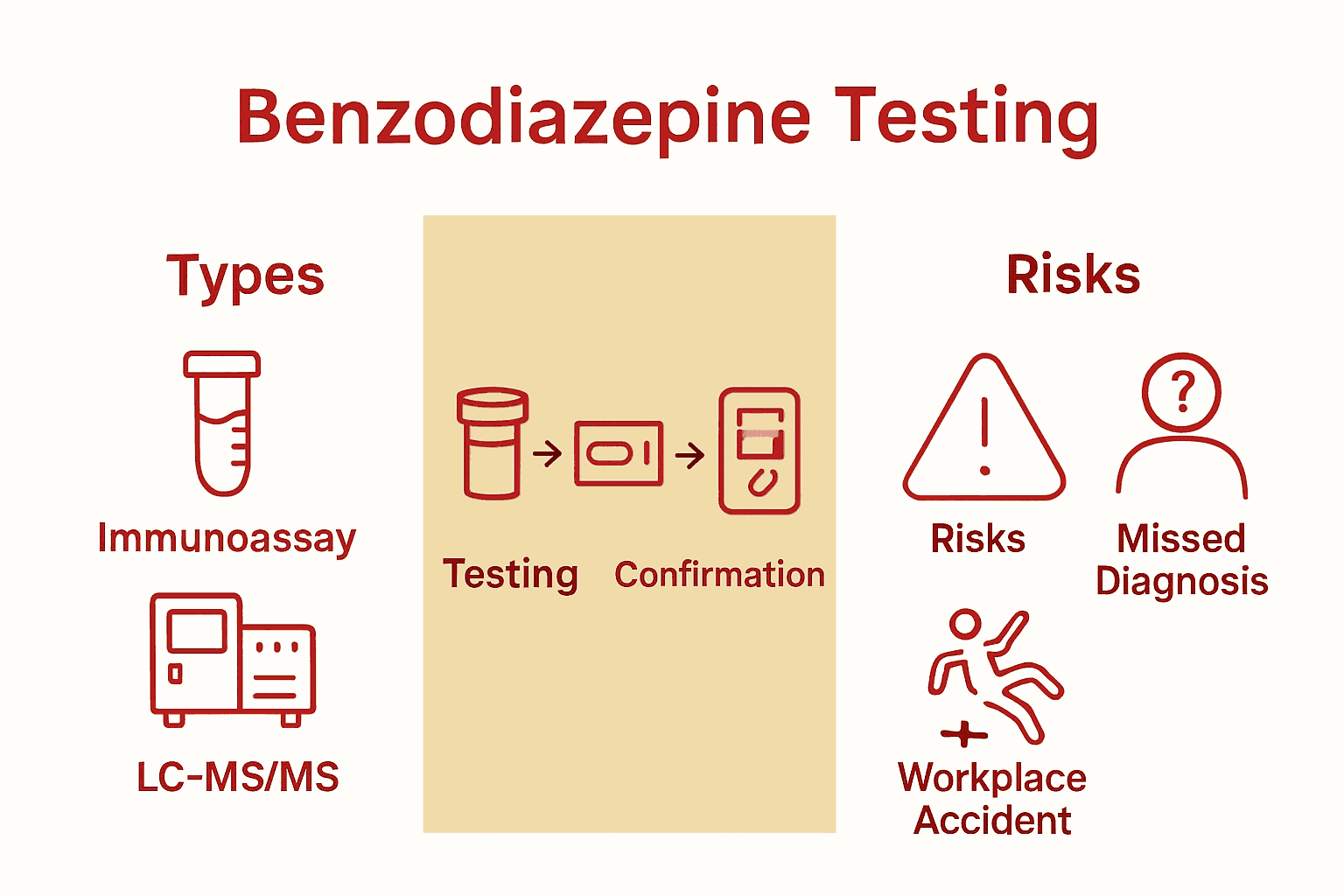 Why Test For Benzodiazepines: Complete Guide 4 Infographic comparing benzodiazepine tests, workflow, and risks