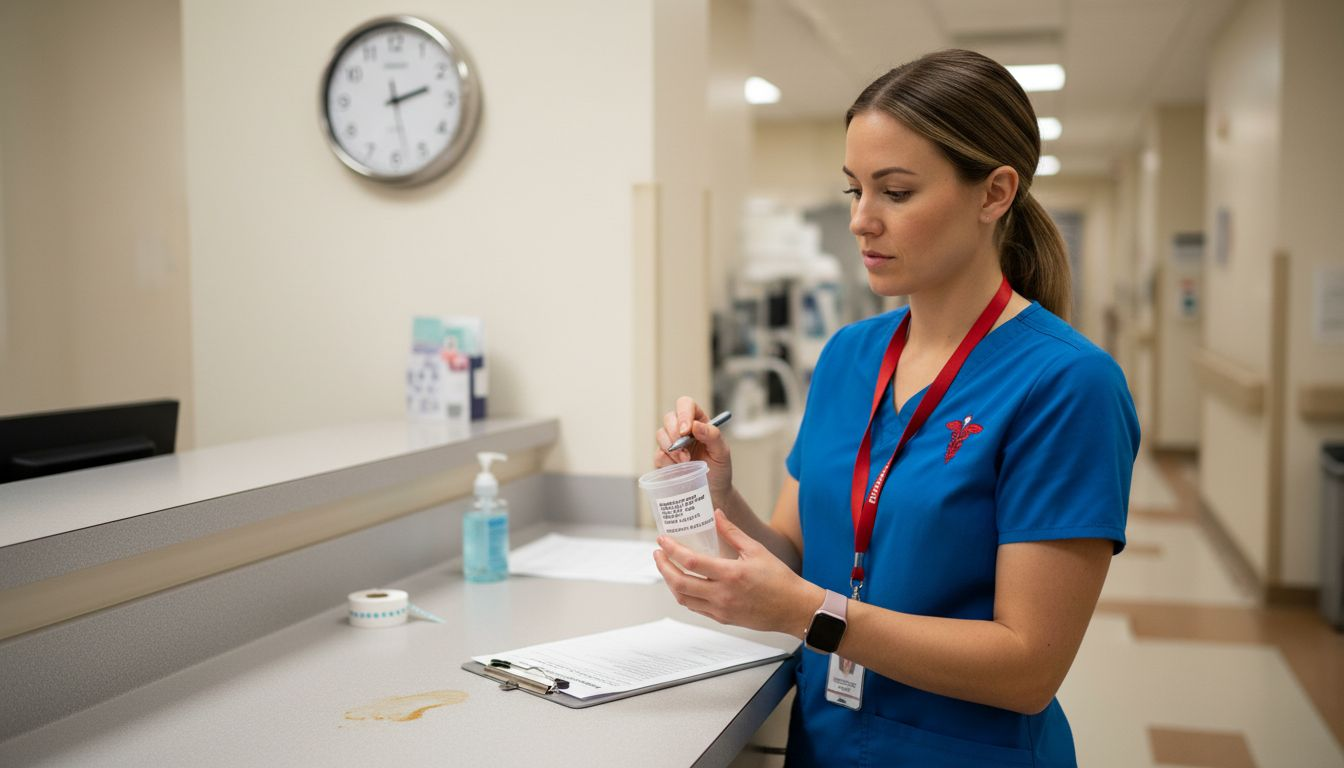 Role Of Drug Testing In Rehabilitation: Ensuring Recovery Success 2 Nurse labeling urine sample at rehab desk