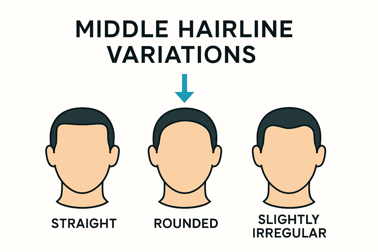 Diagram showing straight, rounded, and irregular middle hairline shapes.