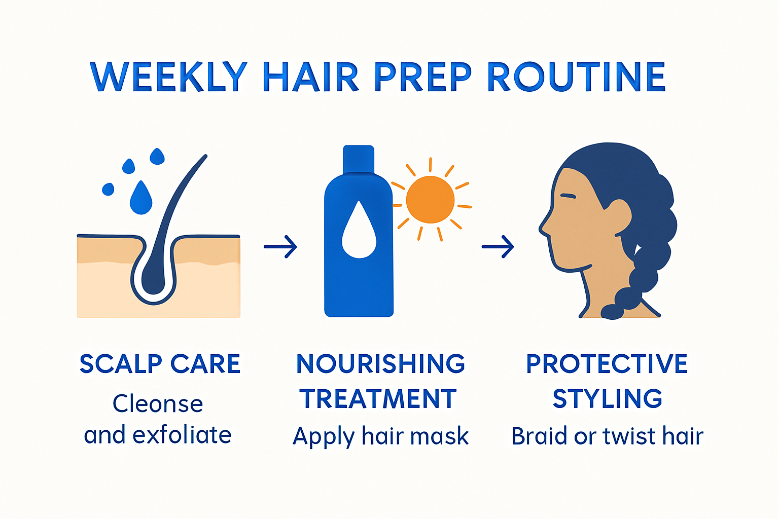 Steps for weekly hair prep including scalp care, treatment, and styling
