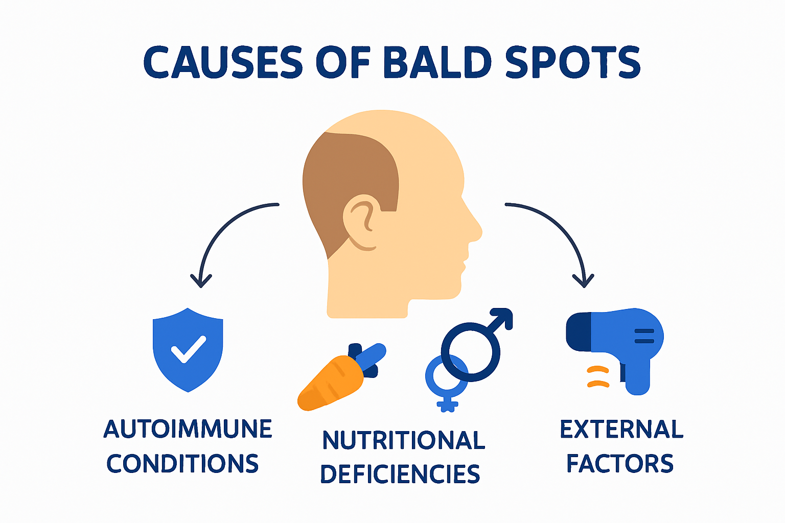 Infographic illustrating causes of bald spots.