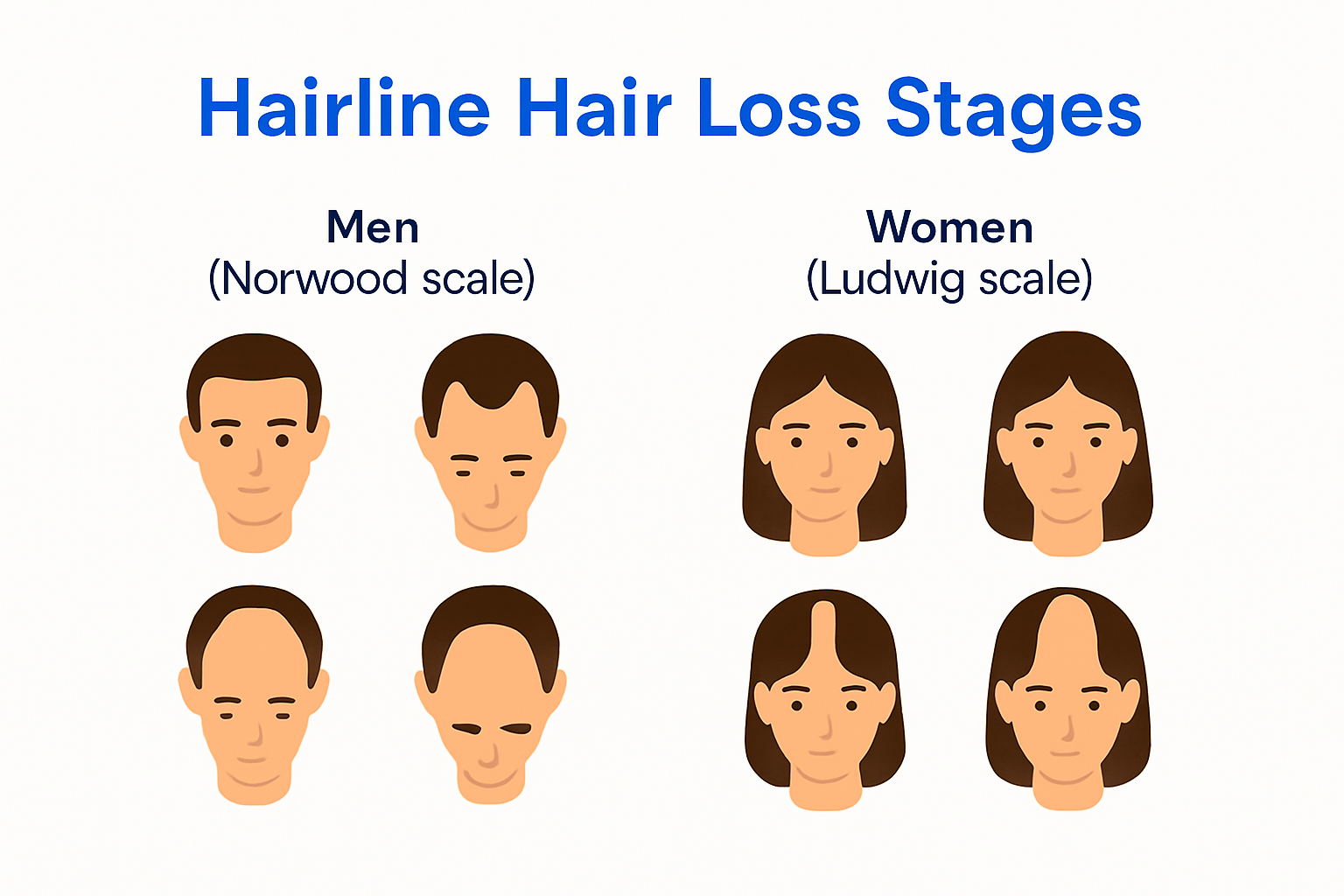 Stages of hairline hair loss illustrated by Norwood and Ludwig scales.