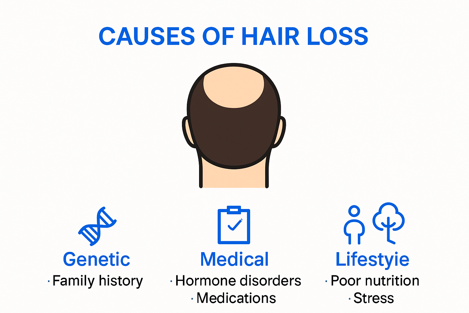 Infographic showing causes of bald spot on head.