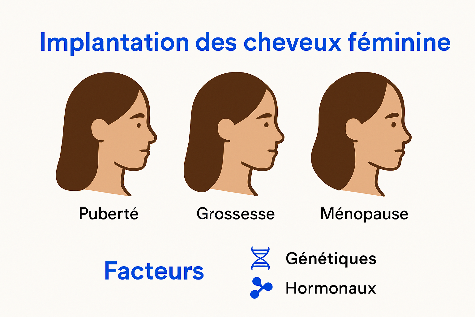 Infographie illustrant les différentes formes de lignes frontales chez la femme et leur évolution au fil du temps
