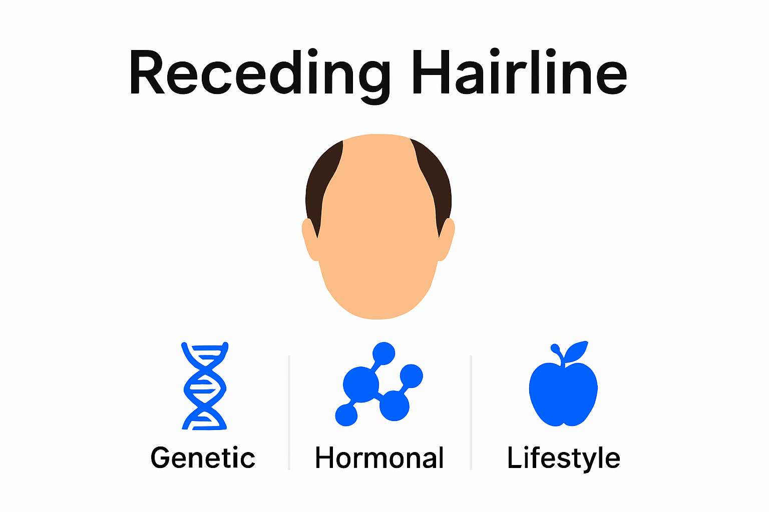 Infographic showing causes of receding hairline by genetics, hormones, and lifestyle
