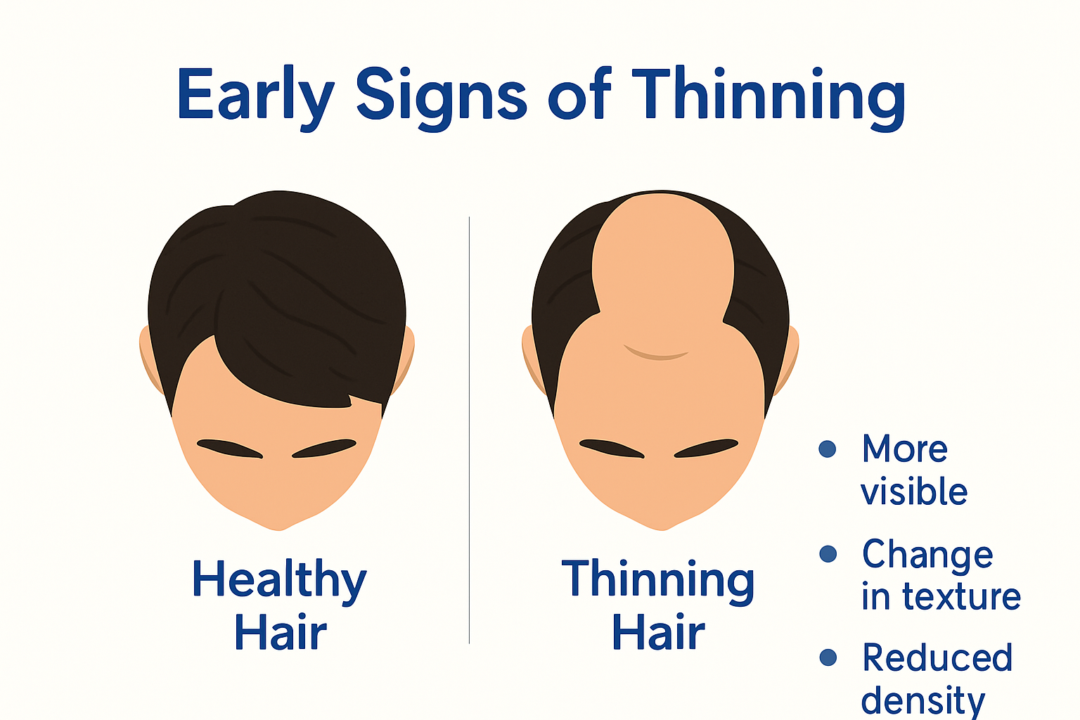 Infographie : repérer les premiers signes d’affinement de la chevelure au sommet du crâne et l’apparition de zones dégarnies