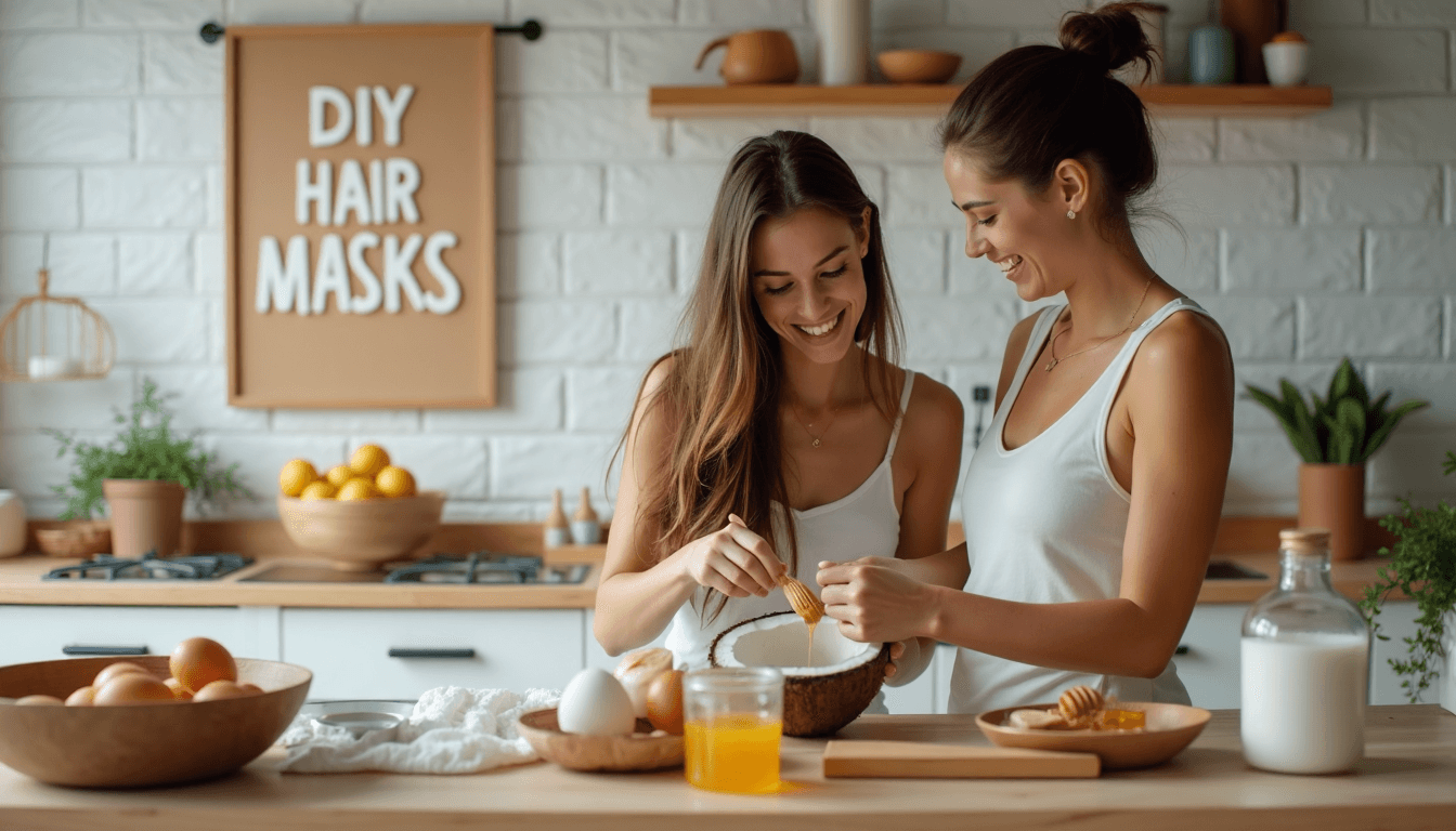 Friends mixing coconut milk hair mask ingredients in kitchen