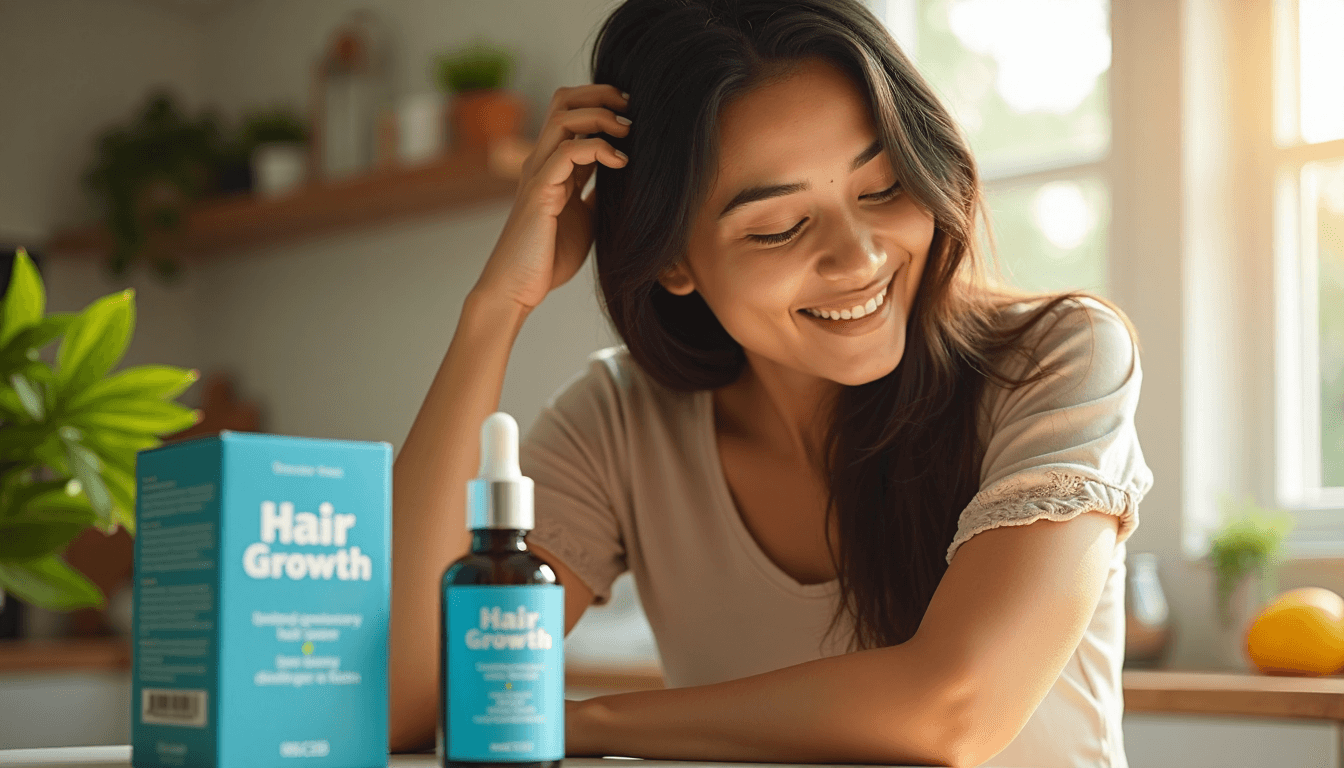 Woman massaging hair oil in kitchen with sunlight and branded box
