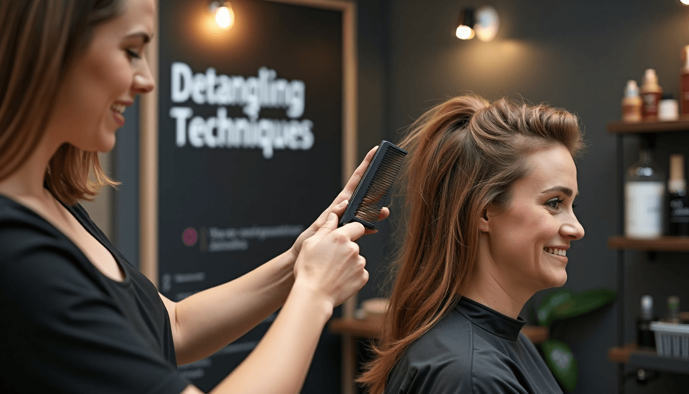 Stylist showing gentle detangling with comb in welcoming salon