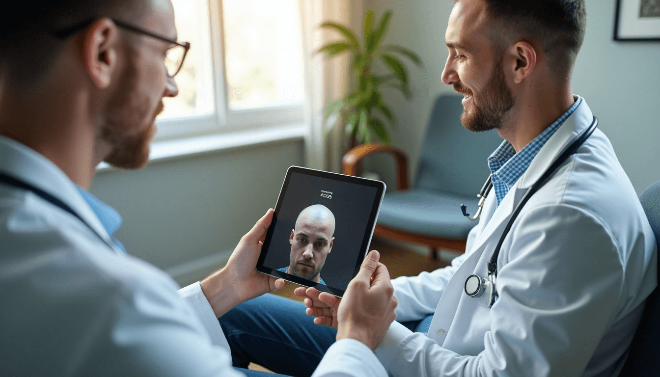 Dermatologist and patient discuss hair loss solutions with tablet