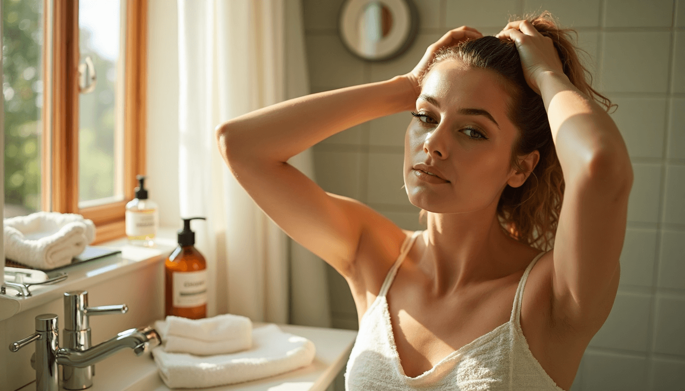 Person massaging olive oil into scalp before hair wash