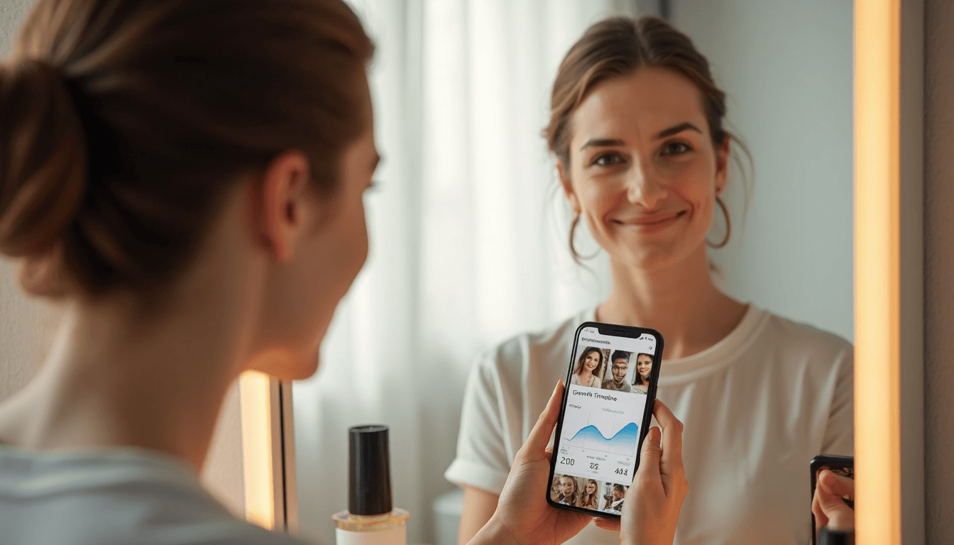 Woman tracking hair growth progress on phone in mirror