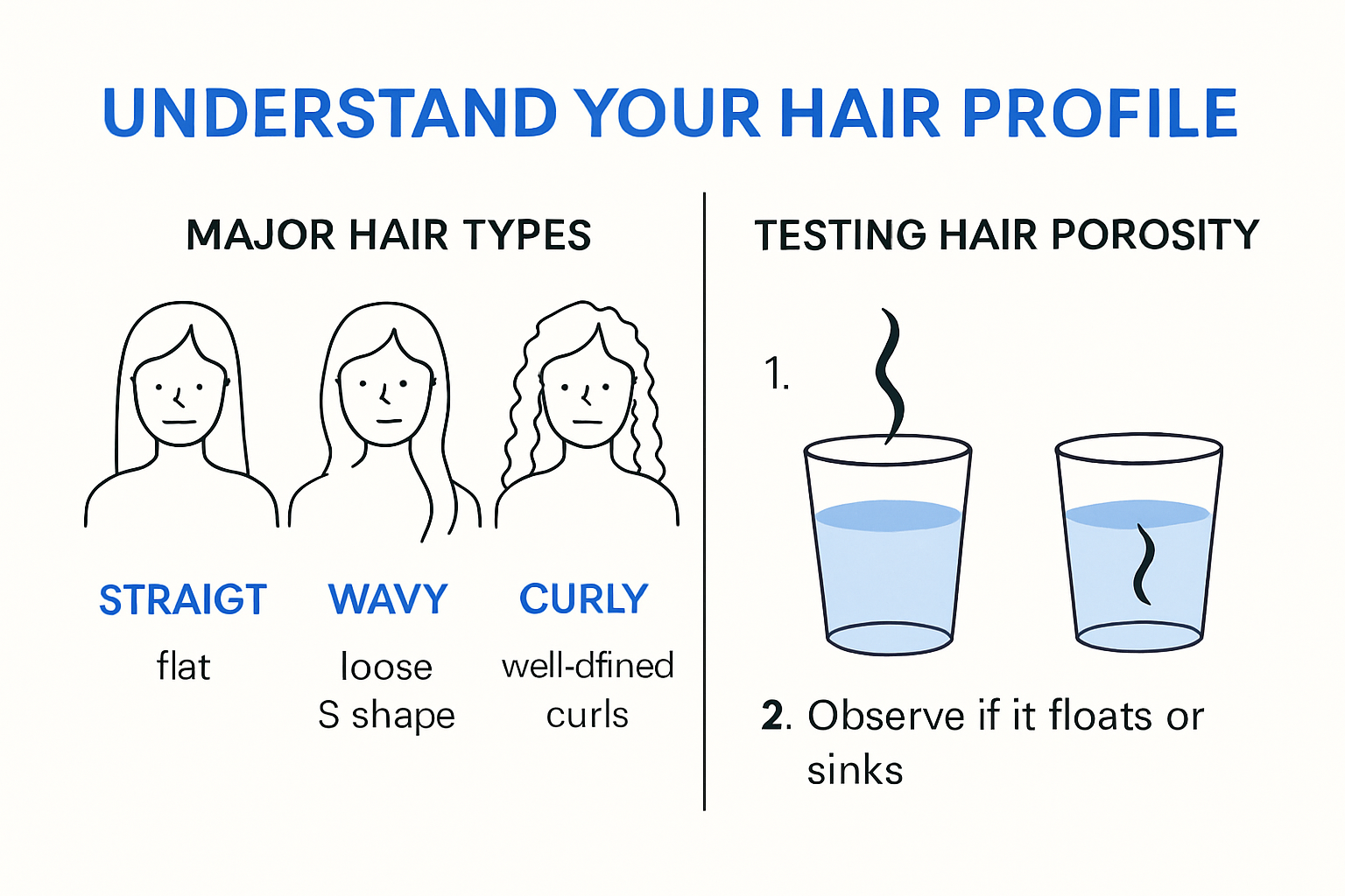 Infographic showing hair types and porosity test for long hair care.