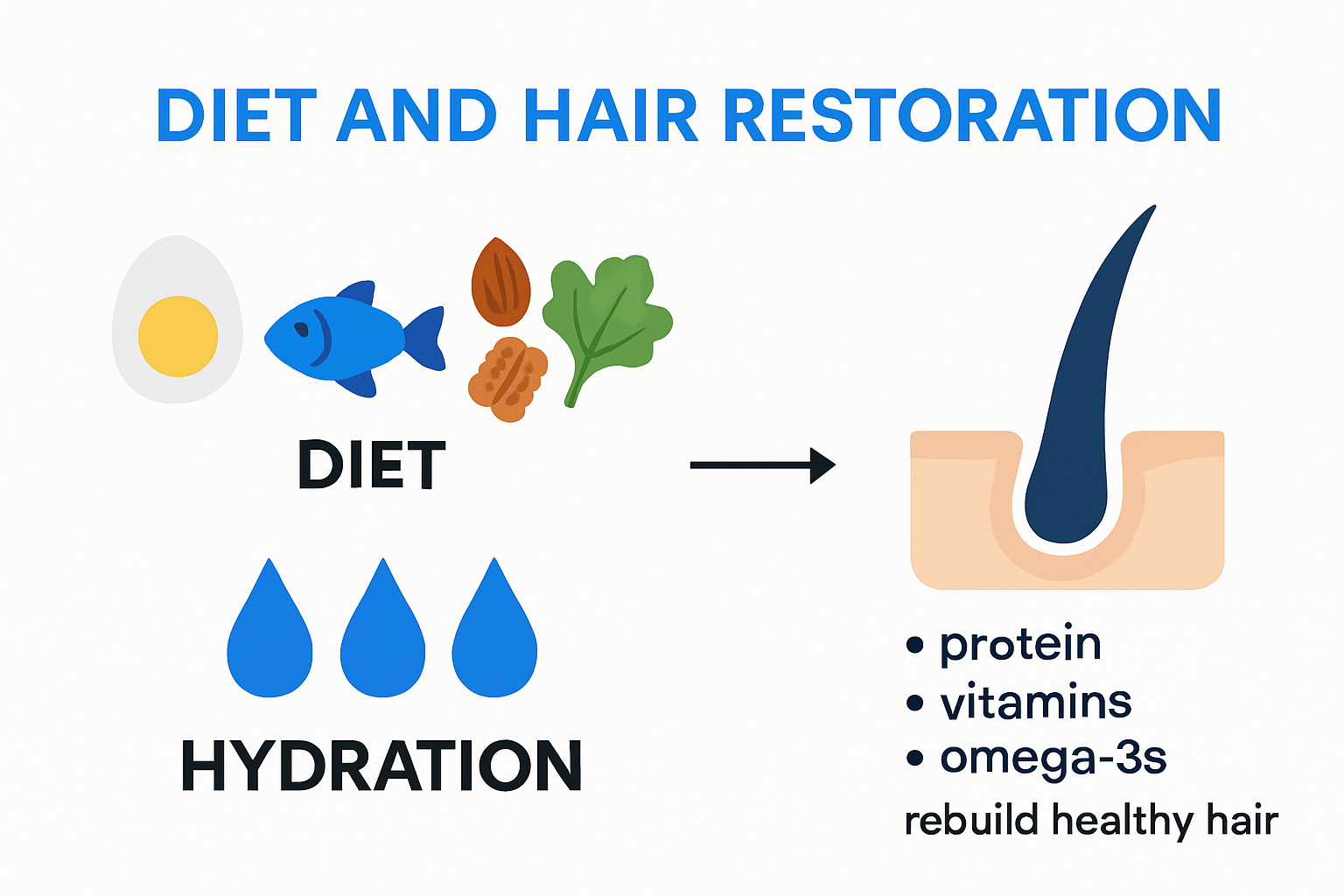 Infographic explaining nutrition and hydration for hair restoration