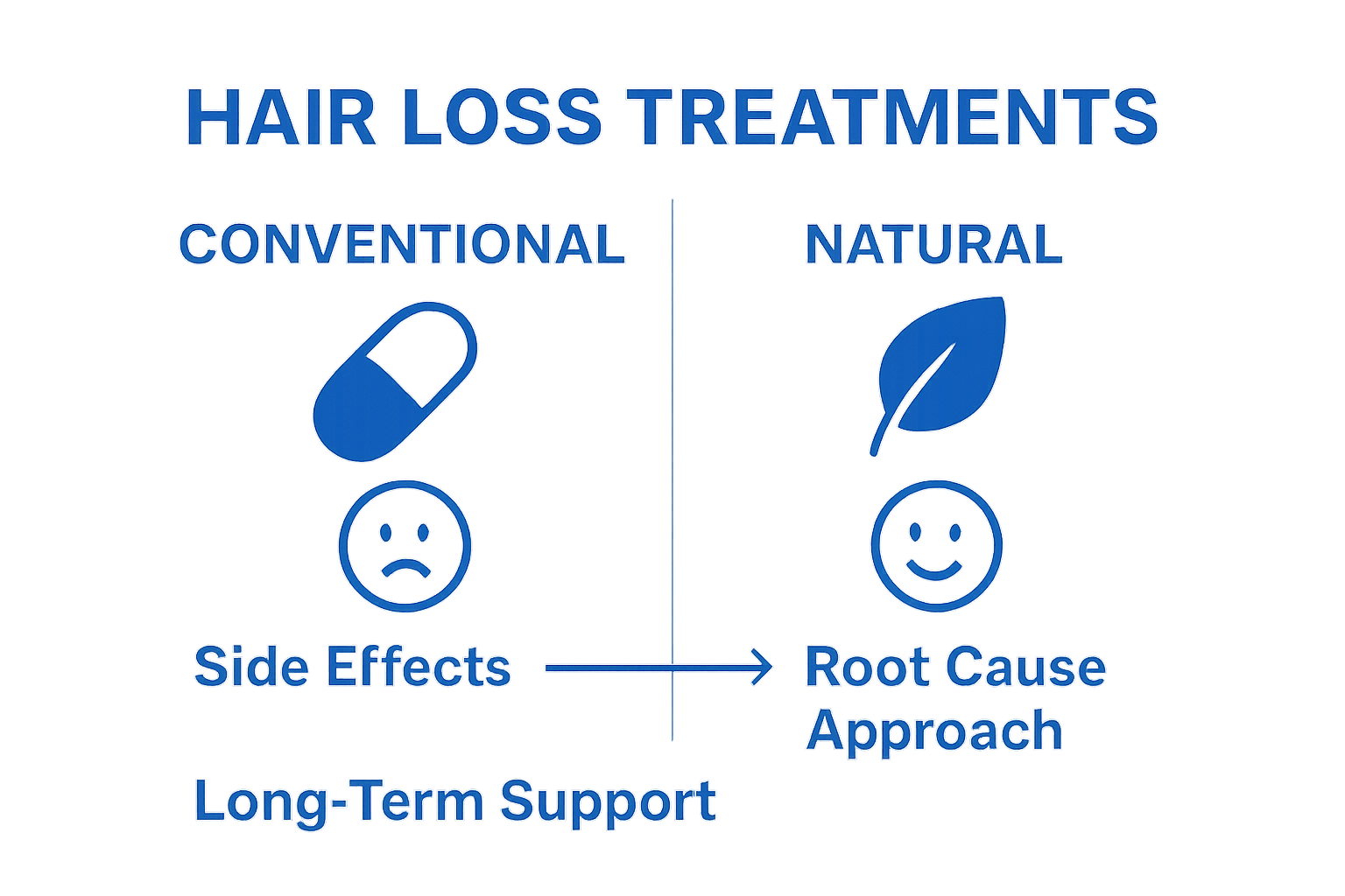 Simple infographic comparing natural herb solutions and conventional hair loss treatments