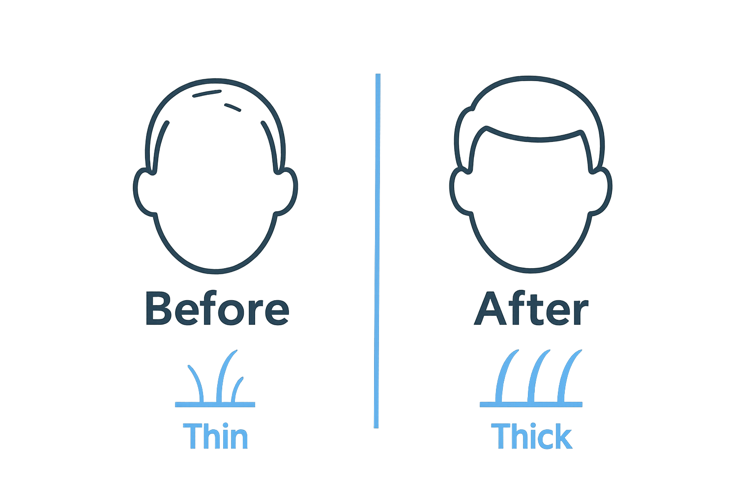 Before and after comparison of hair thickness results using natural products