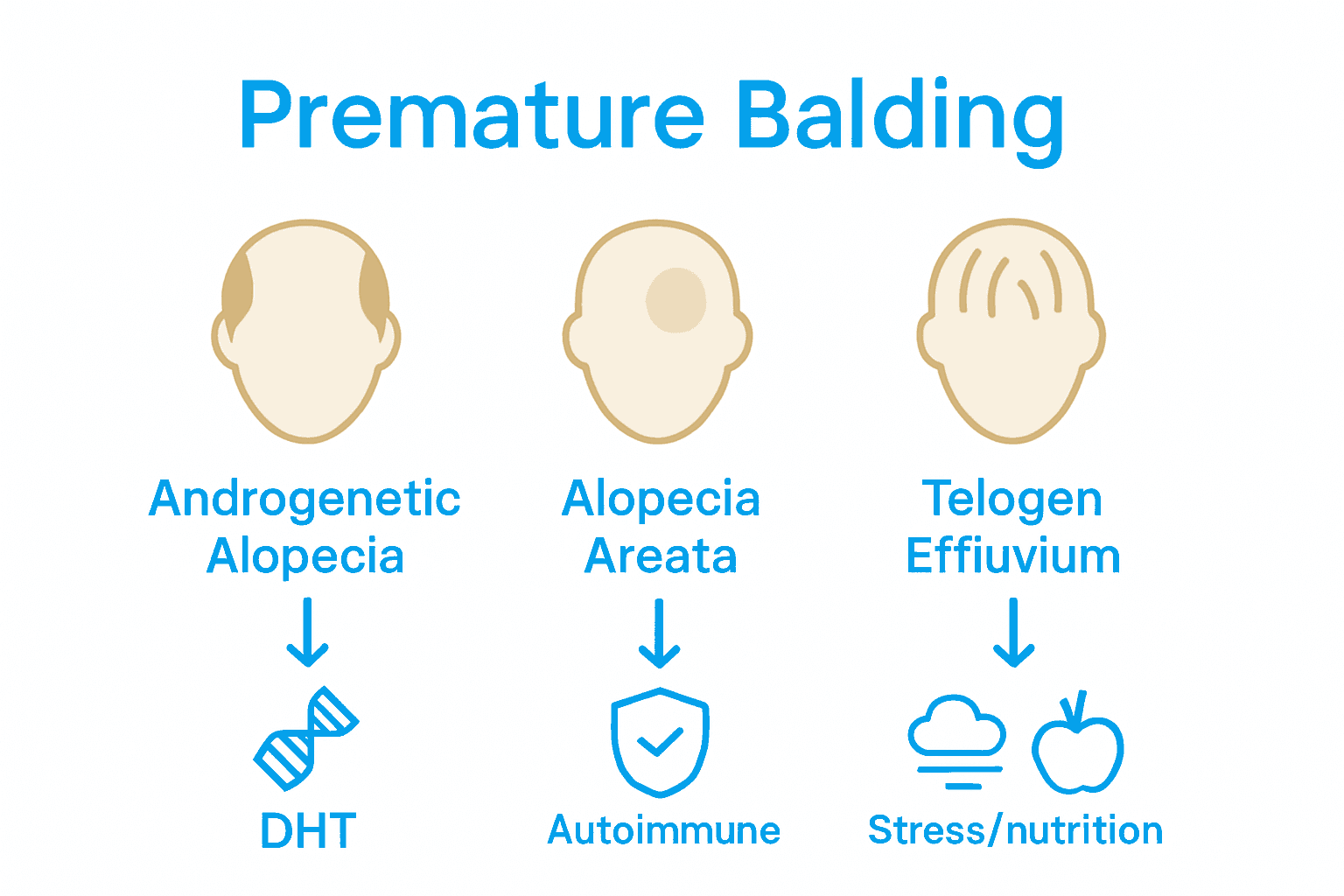Infographic showing three types of premature balding and their triggers.