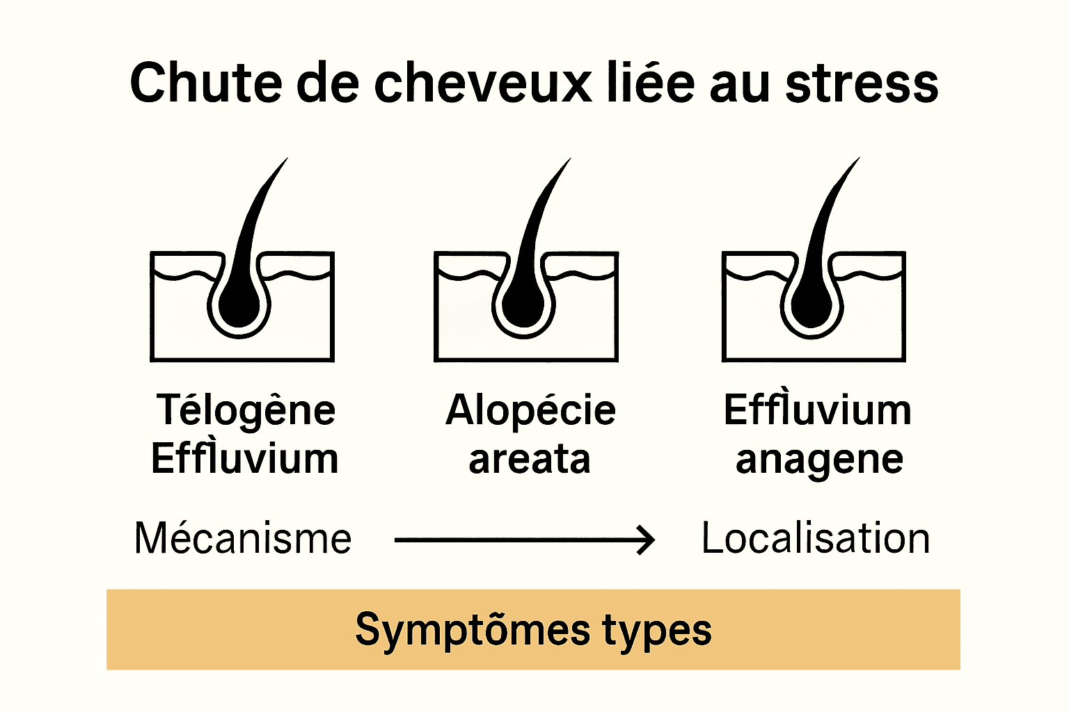 Schéma comparatif des différents types de perte de cheveux liée au stress