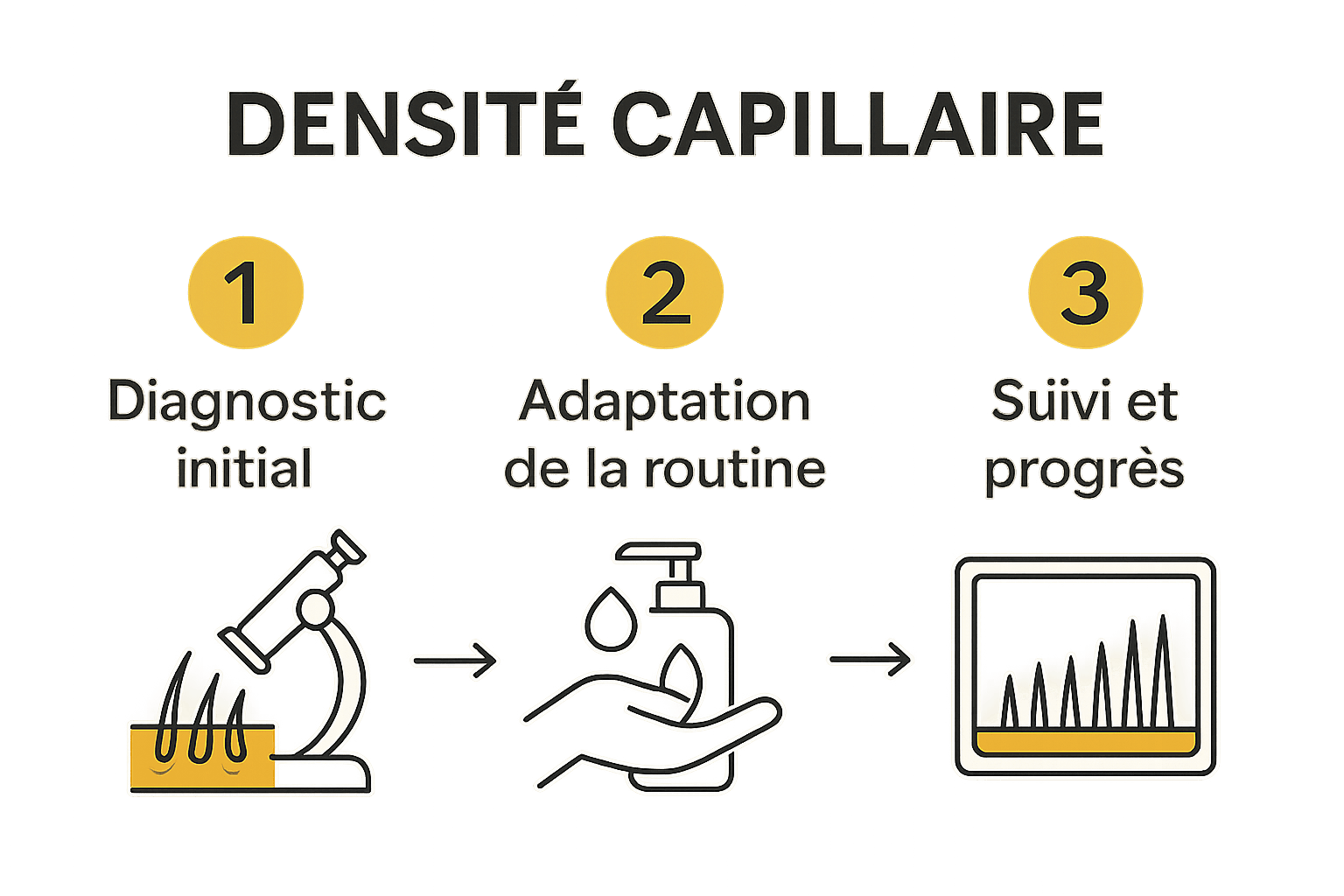 Processus visuel en 3 étapes pour améliorer la densité des cheveux