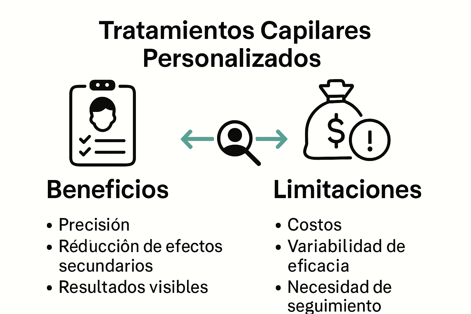 Comparación visual de beneficios y limitaciones de tratamientos capilares personalizados.