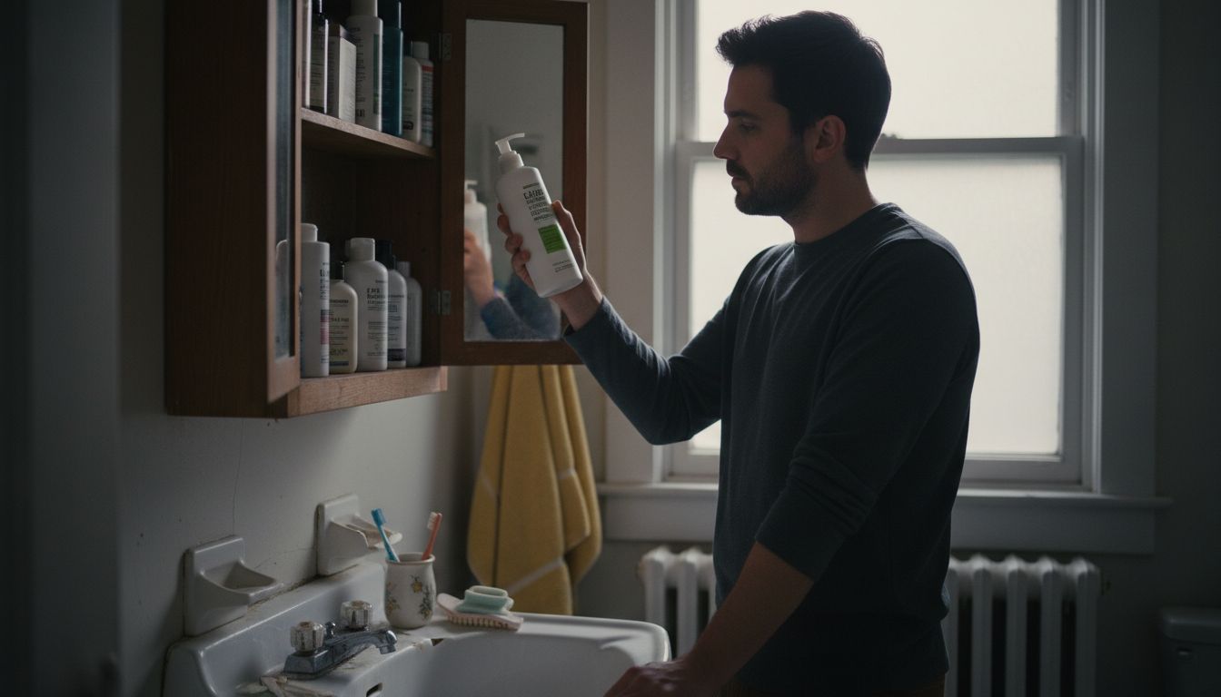 Man choosing haircare products in bathroom