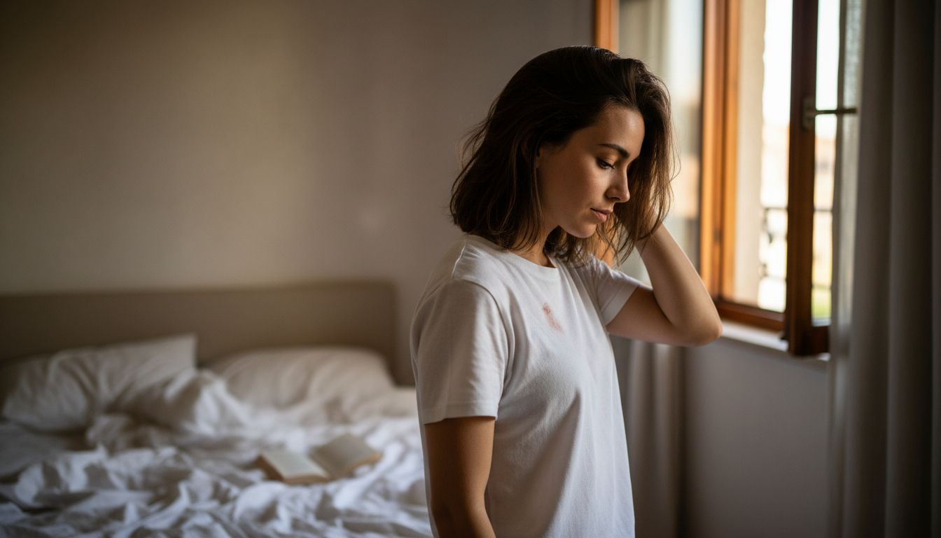 Joven examina su cabello junto a ventana