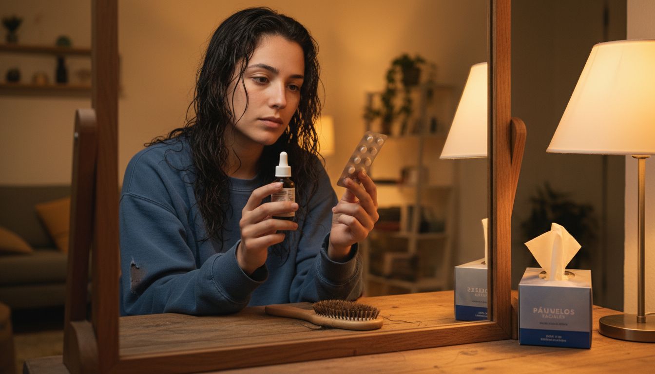 Una mujer observa detenidamente una pastilla y un gotero que va a utilizar para un tratamiento capilar.