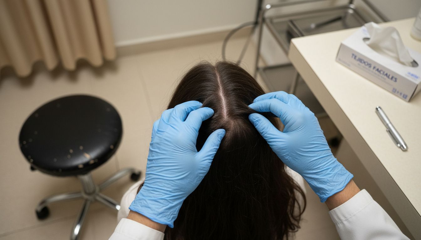 Detalle de una revisión del cuero cabelludo para detectar alopecia