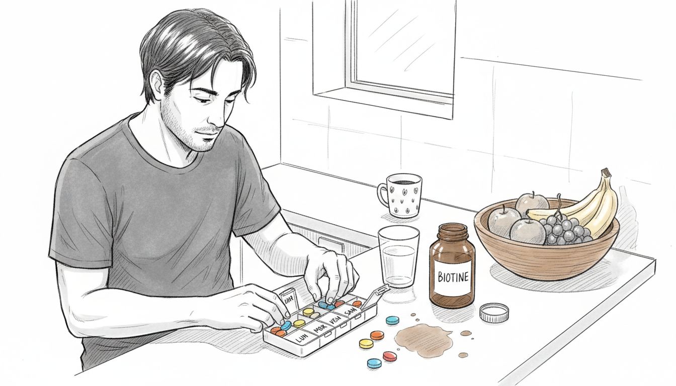 Un homme prépare des compléments alimentaires pour prendre soin de la santé de ses cheveux.
