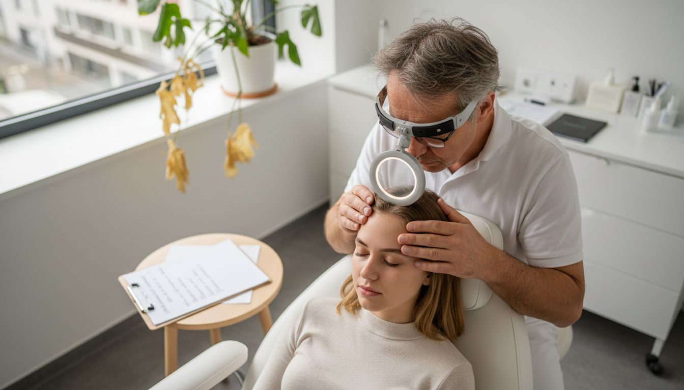 Ein Arzt wirft einen genauen Blick auf die Kopfhaut einer Patientin.