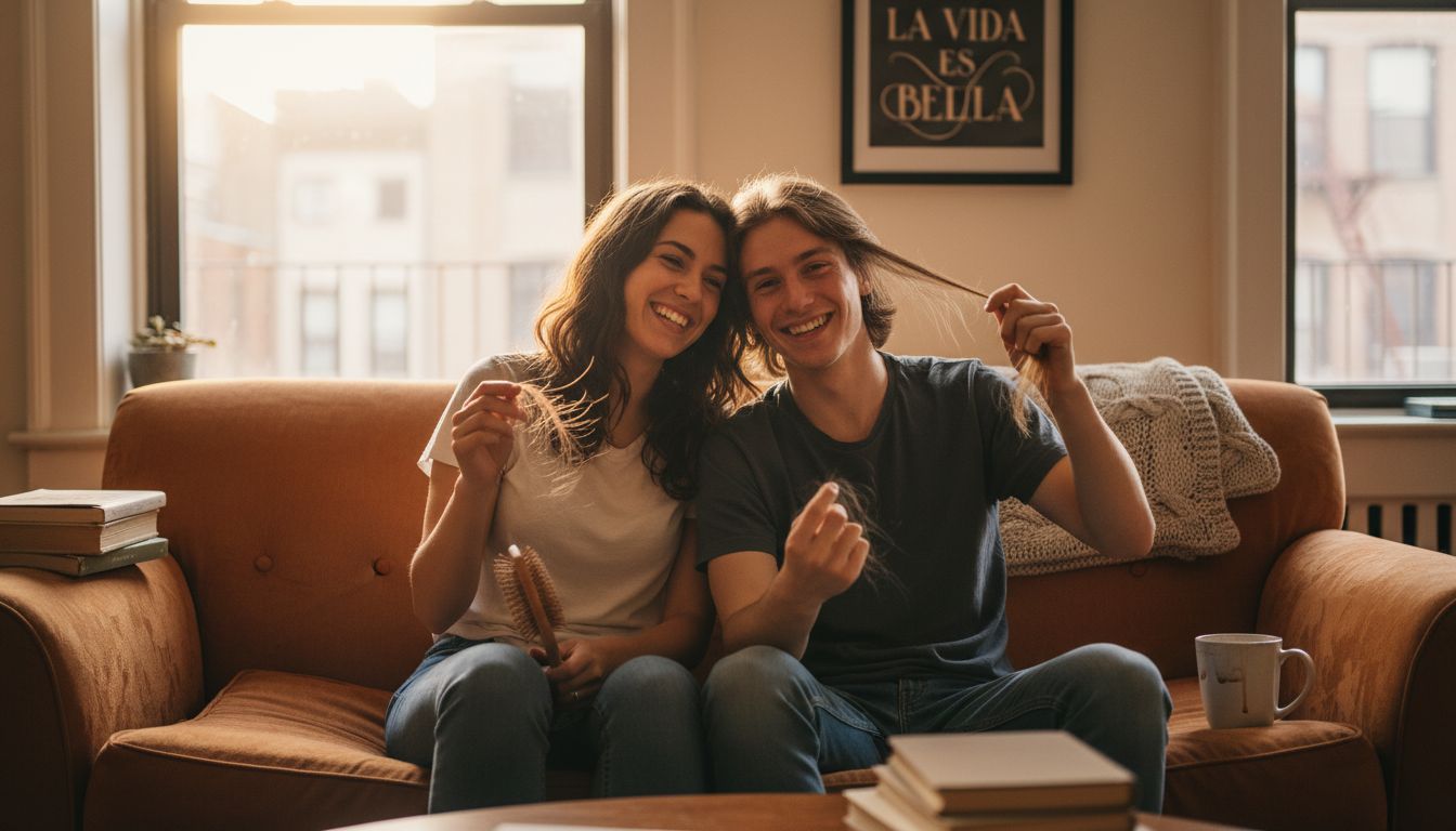 Dos hermanos sentados en el sofá se divierten comparando la textura de su cabello.
