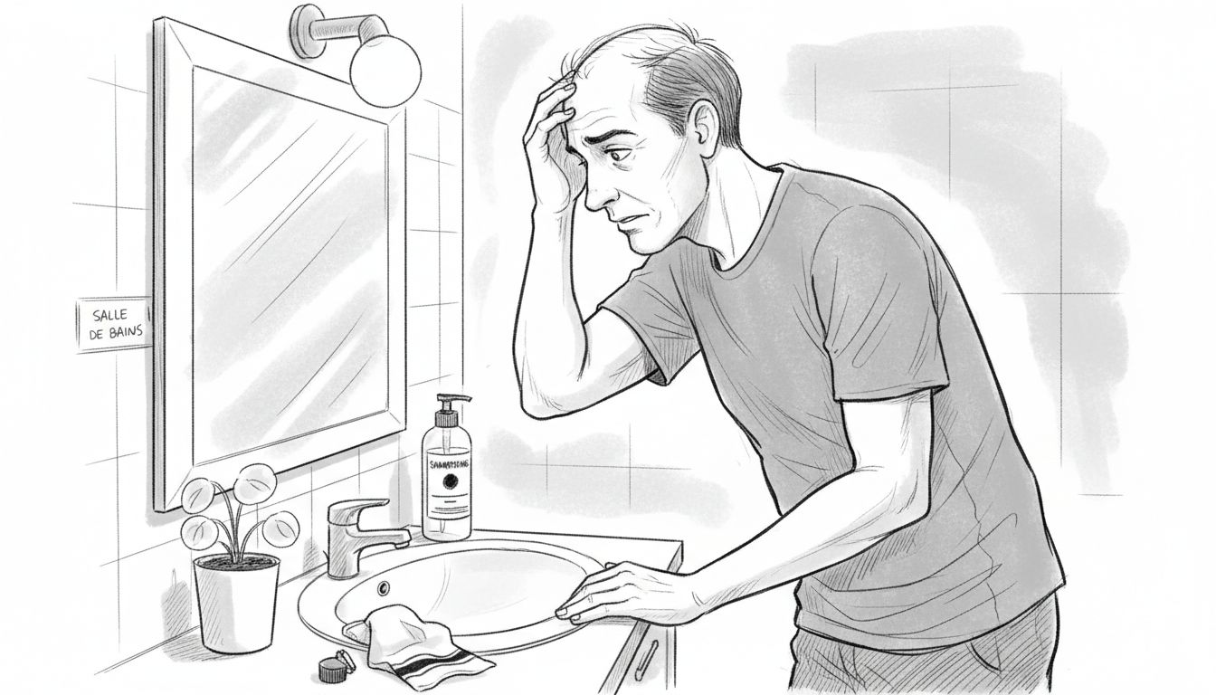 Un homme observe avec attention l’état de ses cheveux clairsemés devant son miroir.