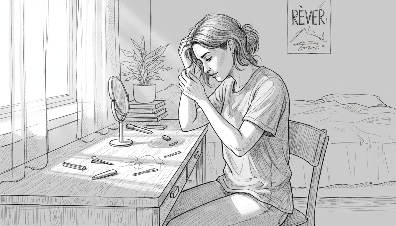 Une femme se regarde dans le miroir de sa coiffeuse, préoccupée par sa perte de cheveux.