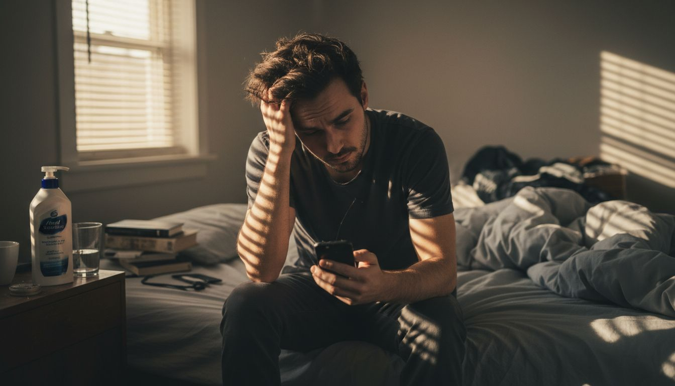 Man stressed and scratching scalp