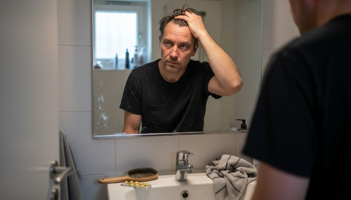 Mann untersucht sein Haar auf Anzeichen von Proteinmangel