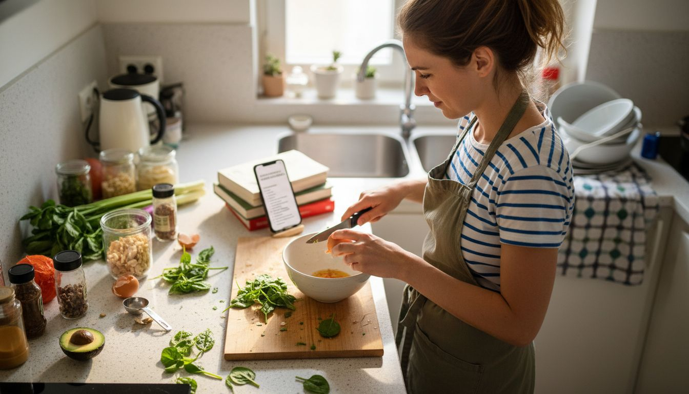 Eine Frau bereitet eine gesunde Mahlzeit zu, die speziell das Haar von innen heraus stärkt.