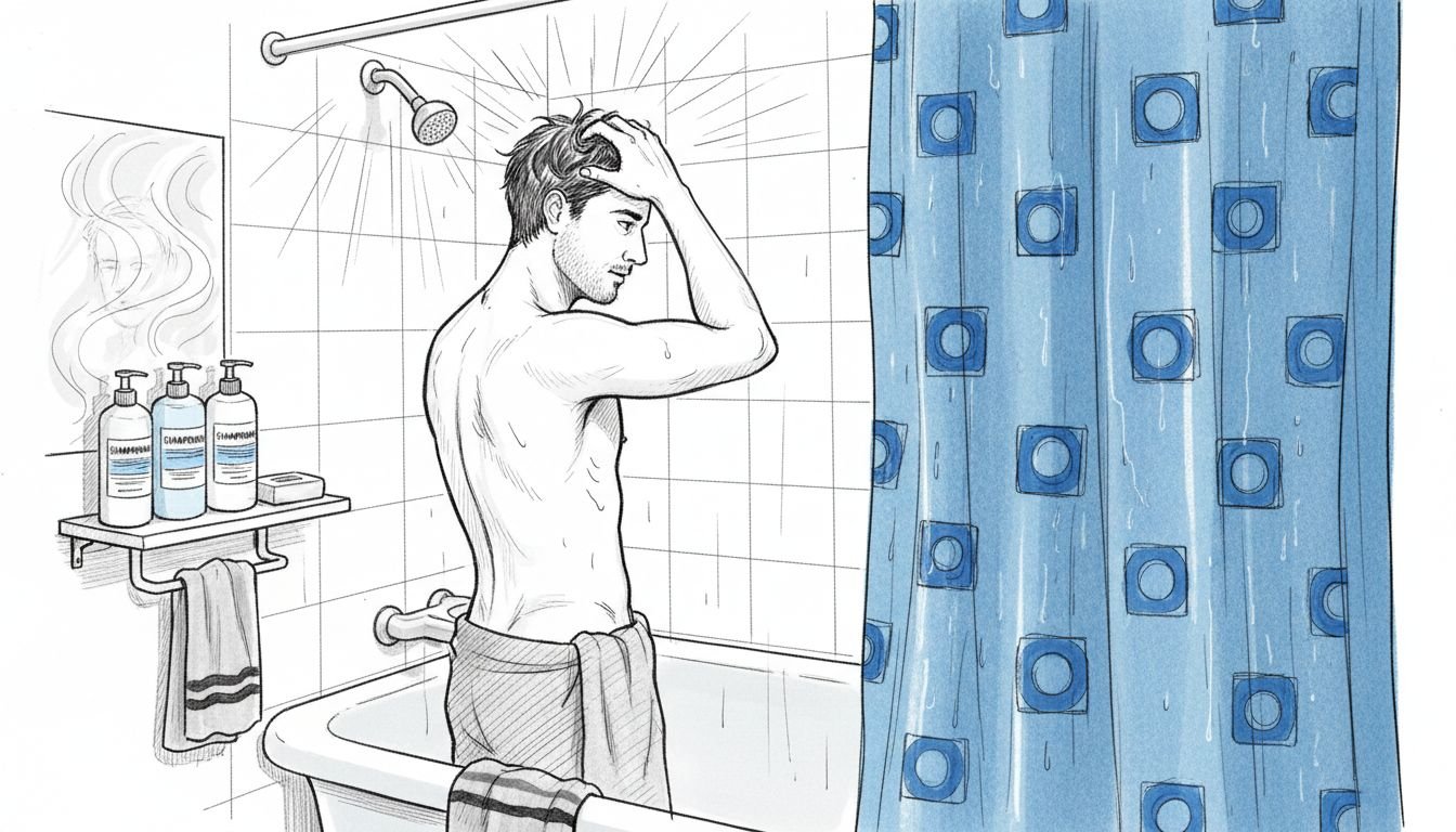 Un homme se lave les cheveux sous la douche familiale.