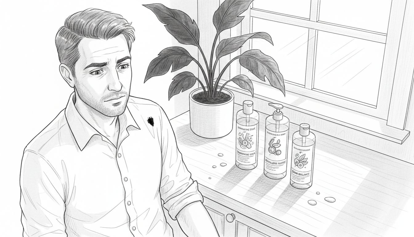 Un homme en pleine hésitation devant différents soins capillaires, cherchant celui qui conviendra le mieux à ses cheveux.