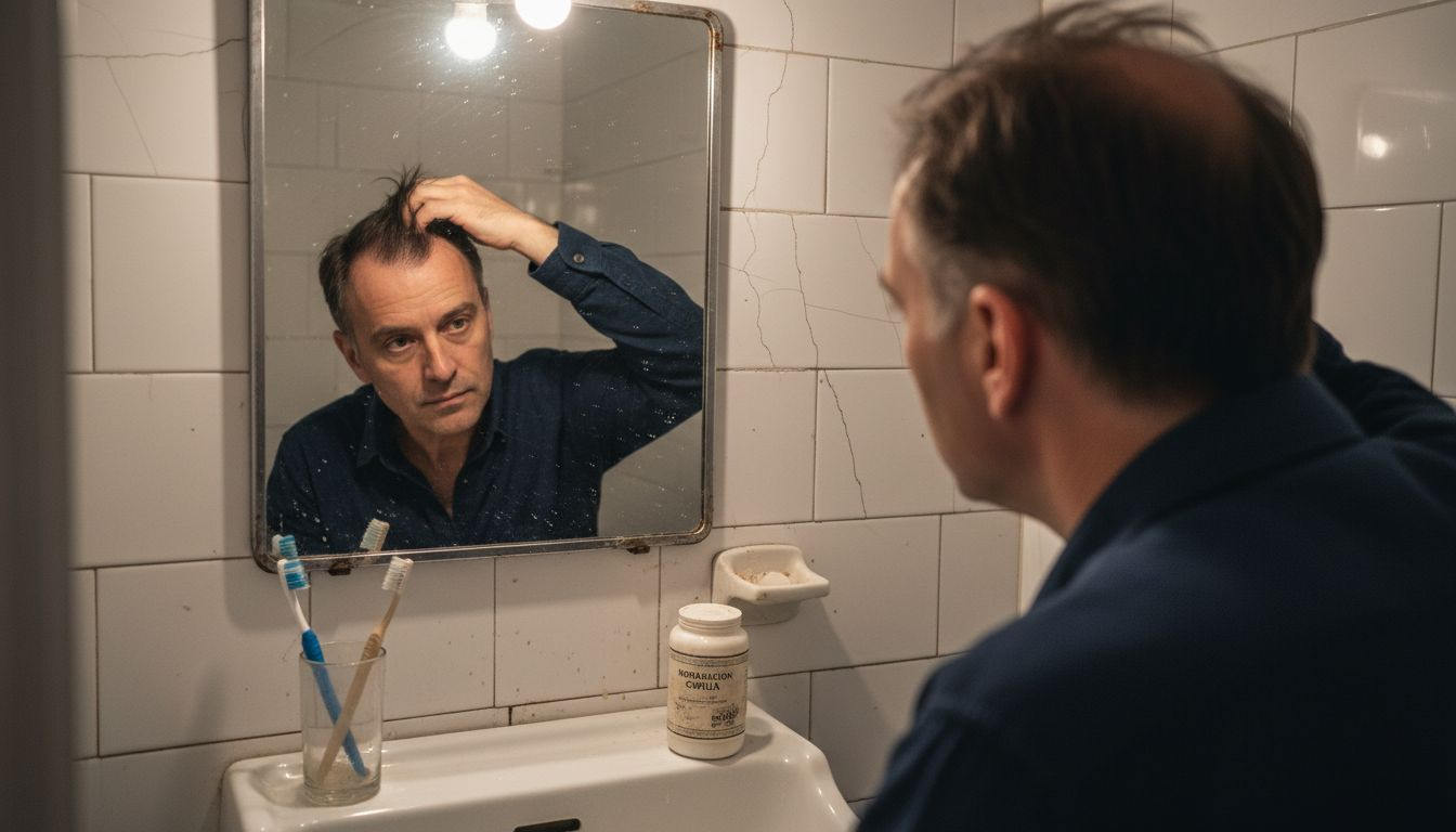 Hombre observa con atención una zona donde se le está cayendo el pelo de forma desigual