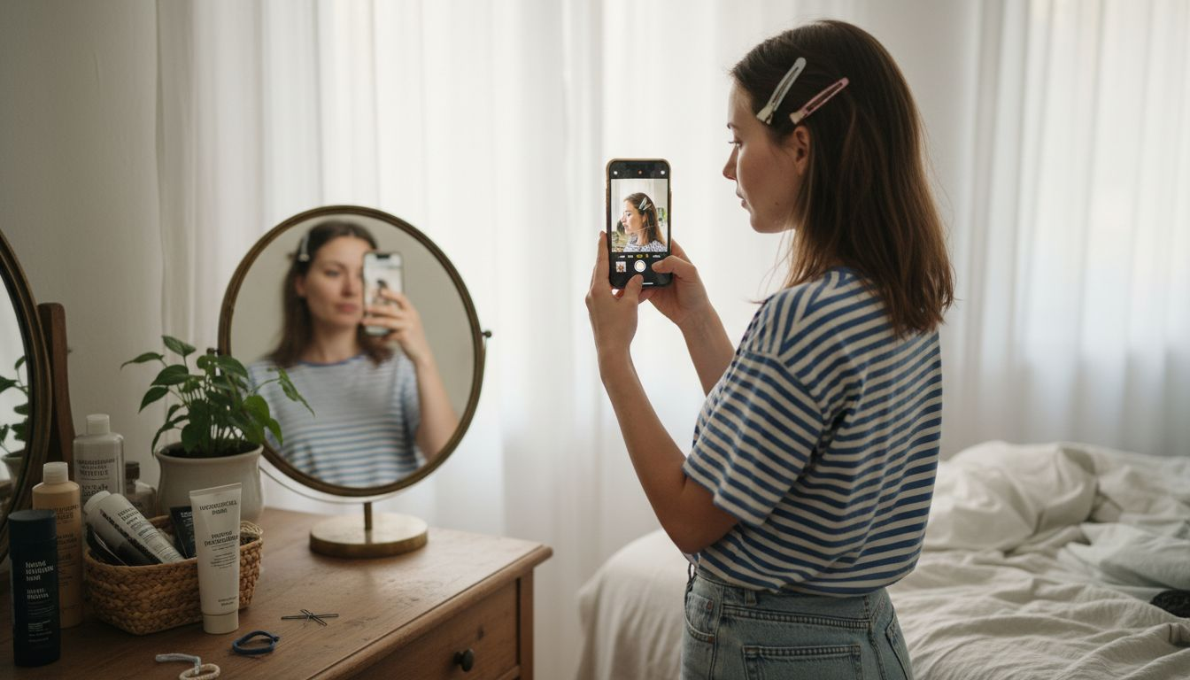 Eine Frau macht ein Foto von ihren Haaren vor dem Spiegel im Schlafzimmer.
