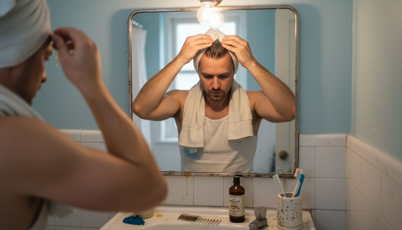 Man massages argan oil into towel-dried hair