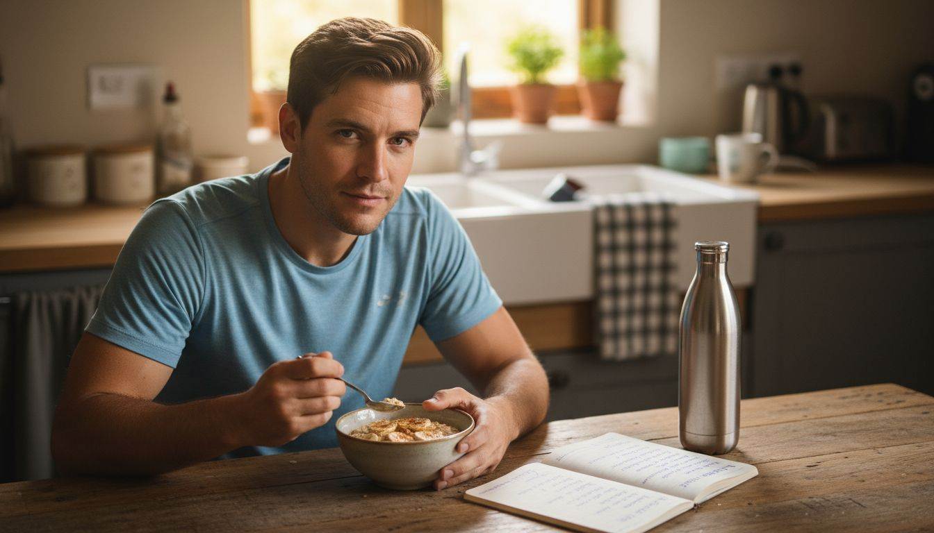 Chico joven disfrutando un desayuno lleno de nutrientes beneficiosos para la salud del cabello