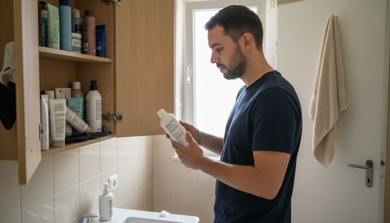 Ein Mann schaut sich verschiedene Haarpflegeprodukte an und überlegt, welches am besten zu ihm passt.