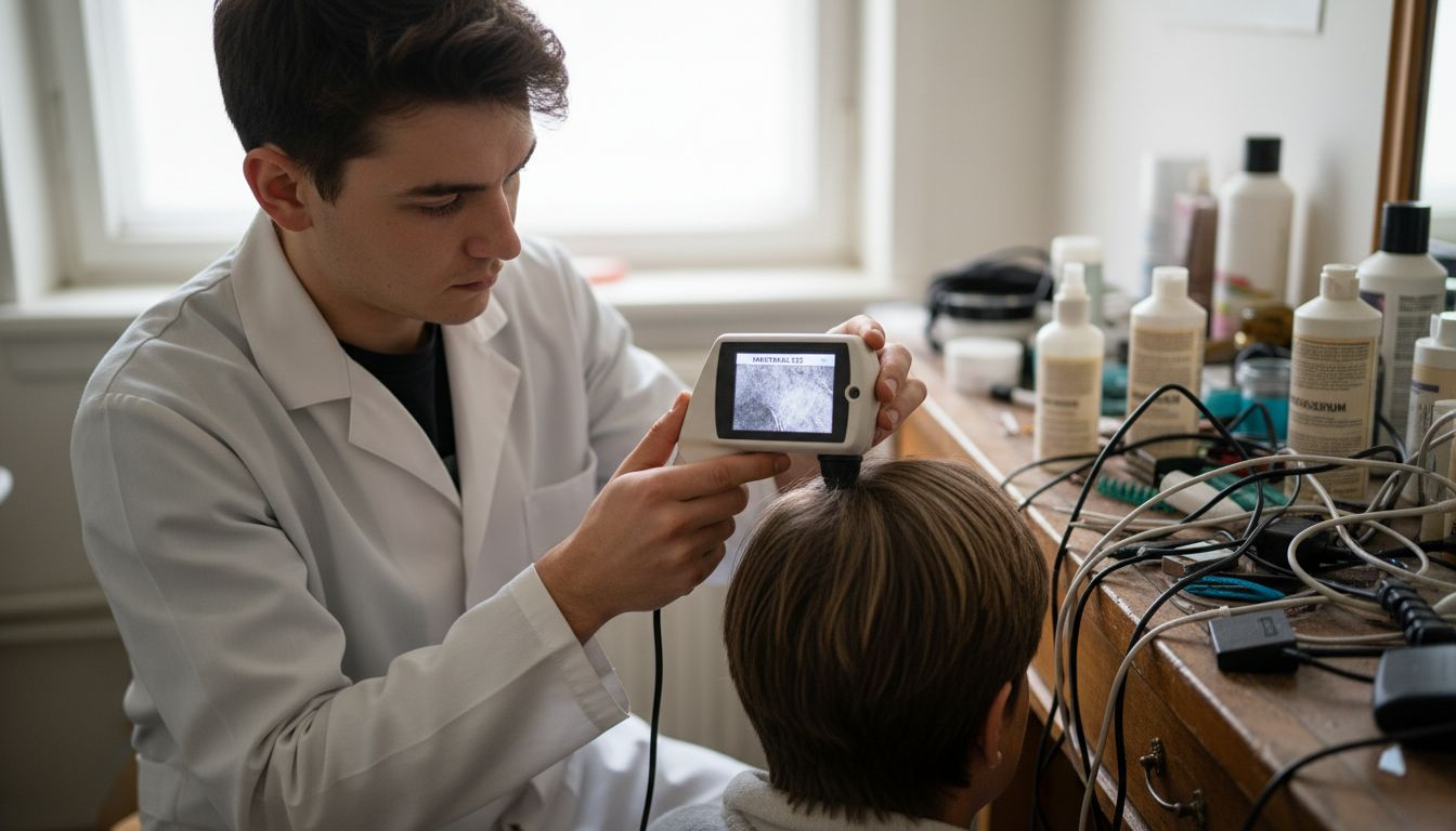Ein Haarspezialist untersucht die Kopfhaut mithilfe eines Trichoskops, um den Zustand der Haare und der Kopfhaut genau zu analysieren.