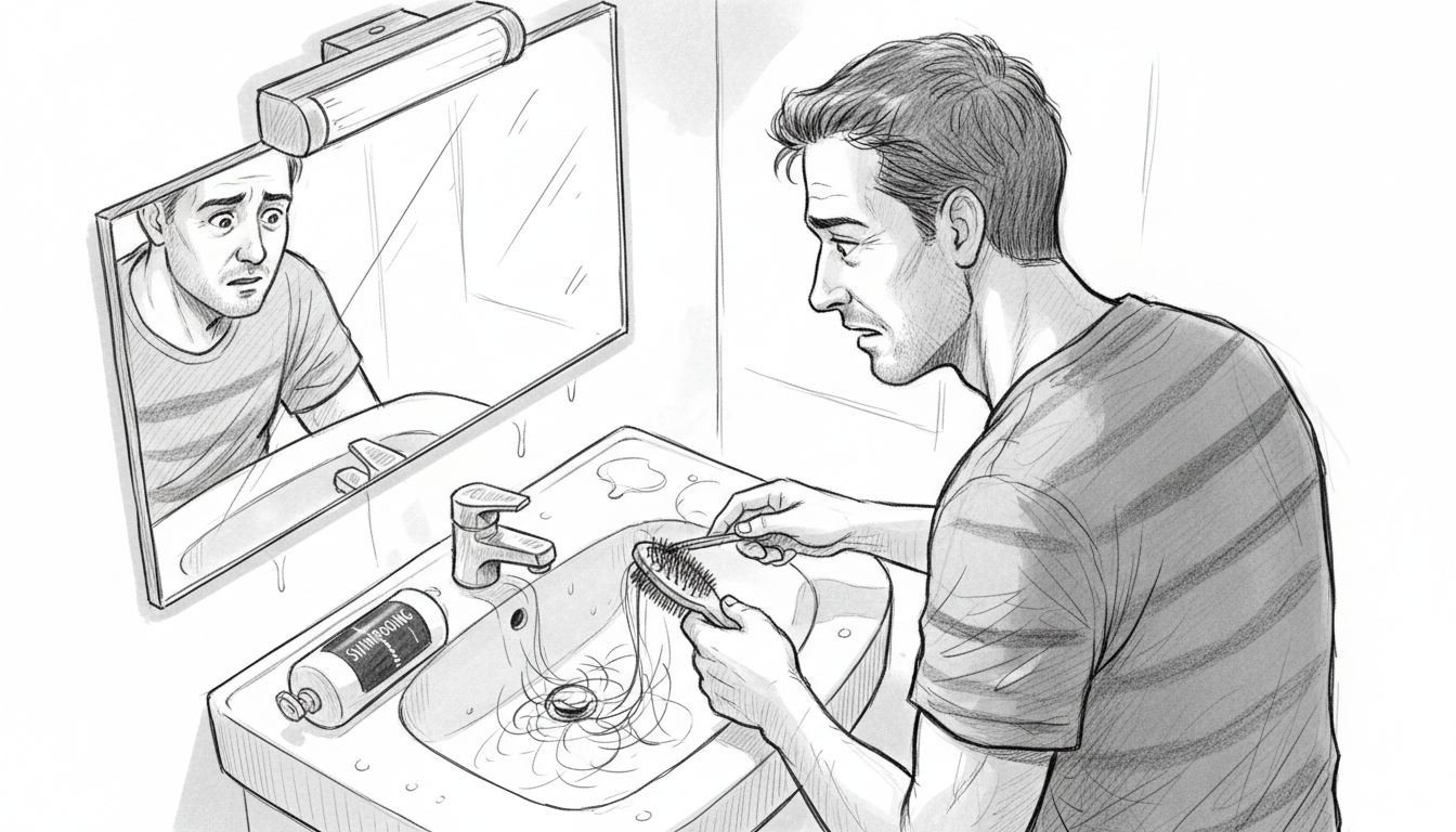 Un homme se tient devant le miroir de sa salle de bain, préoccupé en voyant ses cheveux tomber.